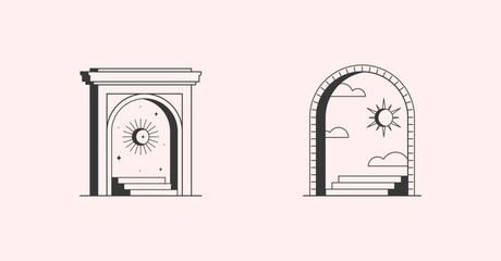 Wall Mural - vector mystic logo design templates with portals,steps,sun with crescent moon,and stars.surreal abst