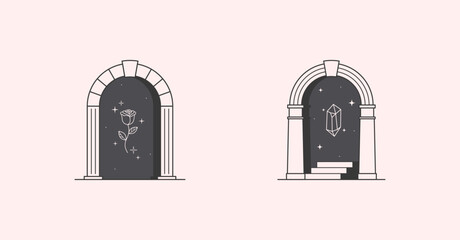 Wall Mural - Vector mystic logo design templates with portals,steps,magic flower,stars and gem.Surreal abstract illustrations in trendy minimal outline style.Celestial emblems.Branding design templates.