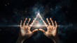Mains ouvrant un portail sur une réalité alternative, triangle lumineux, spiritualité et éveil de conscience