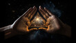 Mains jointes ouvrant un portail triangulaire sur une réalité alternative, spiritualité et éveil de conscience