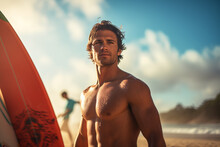 Fit Young Surfer Man With Curly Blond Hair With Surfboard Goes By The Ocean Having Fun Doing Extreme Water Sports, Surfing. Travel And Healthy Lifestyle Concept. Sports Travel Destination