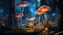 Giant Florescent Mushrooms In The Dense Alien Forest, Ai Generative