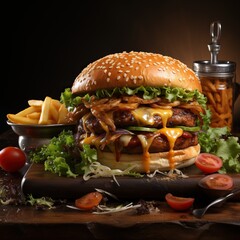 Wall Mural - Culinary Bliss Realistic Image of a Tasty Duo Burger and French Fries on Table Generative AI