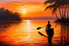 An Oil Painting That Depicts The Silhouette Of An Aboriginal Canoe Gracefully Navigating Tranquil Waters At Sunrise. 
