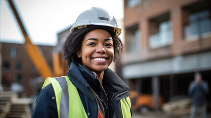 Wall Mural - Smiling woman wearing a safety hardhat and reflective orange vest is standing at a construction site with steel structures in the background.