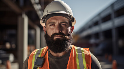 Wall Mural - Smiling construction worker, wearing a hard hat,and a reflective vest, stands confidently at a construction site.