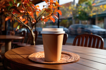 Wall Mural - Paper cups with a lid for tea to go. Coffee take away is on the table. There is space for text in the background. Mockup for logo