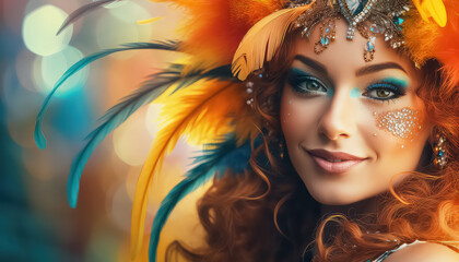 European woman with feathers on her head and bright makeup ,concept carnival