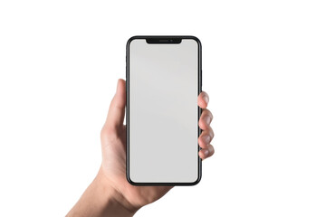 Aufkleber - Hand holding mockup smartphone and changing screen on transparent background. Isolated.