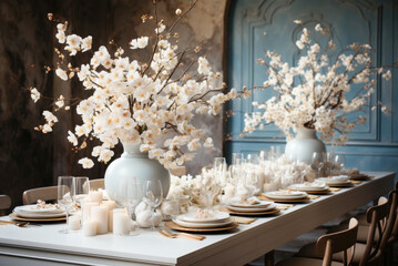 Wall Mural - Wedding dinner decoration. The guest table is decorated with branches with flowers in vases and candles