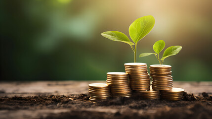 Wall Mural - Plant on Stacked Coins, Concept, Financial Growth, Finance, Investment, Sustainable finance, green finance