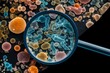 Bacteria under magnifying glass. Petri dishes with vibrant colorful bacterial colonies, representation of microbial growth in a laboratory setting. Scientific and clinical research concept. 