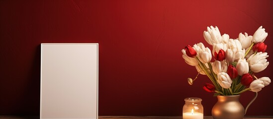 A red table with a gold framed photo and burning candles beside a white vase with ears