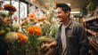 Hombre latino comprando flores es una floreria sonriente y rodeado de colores otoñales