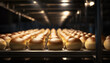 buns on baking rack on a conveyor belt in a bakery