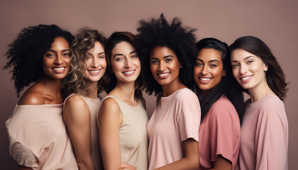Wall Mural - Multicultural different women on a homogeneous background smiling and hugging