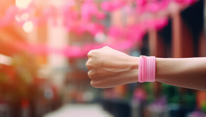 Wall Mural - Clenched fist with pink ribbon on wrist world cancer day concept