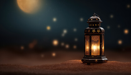 Wall Mural - Arabic lantern on wooden background, ramadan concept