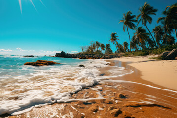 Sandy beach with palm trees and waves on a sunny day by the sea or ocean. Summer holidays