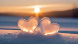 Fototapeta Niebo - Two heart-shaped pieces of ice resting on the snow, sunset light