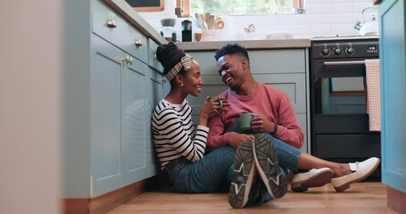 Poster - Kitchen floor, tea cup and black couple smile, wellness and bonding chat about love, support or relationship. Home, relax morning and people talk about coco hot chocolate, espresso or latte drinks