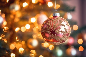 Poster - Christmas tree red bauble on bokeh light background, copy space