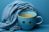 Fototapeta Most - Blue cup a sad face with scarfcoffee on blue background. Blue monday concept. The most depressing day of the year The day commit suicide and depression motivation, third monday January