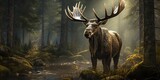Fototapeta  - a large elk in a foggy forest wanders along a river in the rays of sun, banner, poster