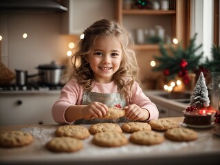 Wall Mural - Photo of a happy funny little girl bake Christmas cookies on cozy kitchen at home . 