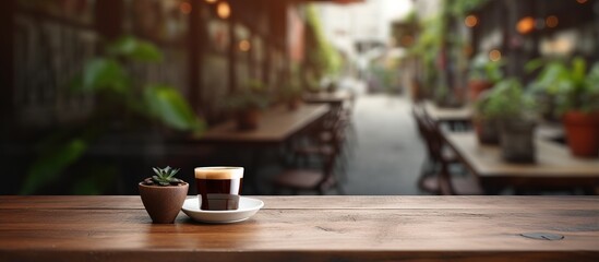 Use this image with a blurred coffee shop background and an empty brown wooden table for your photomontage or product display