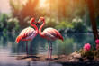 Two pink flamingos. A flamingo walks on water. Pink flamingo near the lake. Tropical wildlife background with birds.