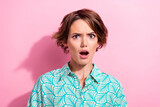 Fototapeta  - Portrait of impressed speechless young girl open mouth staring cant believe isolated on pink background