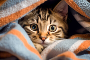 A playful kitten's paws reaching out from a cozy blanket.