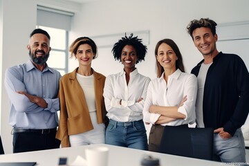 Happy diverse business people team standing together in office, group portrait. Smiling multiethnic international young professional employees company staff with older executive leader look at camera