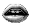 Open female sexy mouth isolated on white. Vintage engraving stylized drawing. Vector illustration