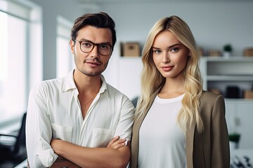 Wall Mural - Portrait of two business people standing in an office, Two happy professional business people team woman and man workers discussing financial market data standing at corporate office meeting