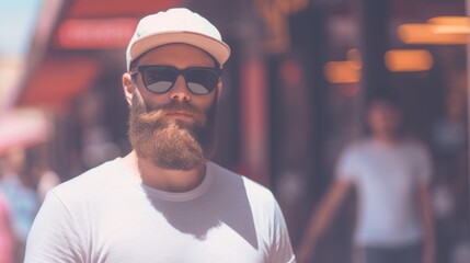 Canvas Print - A man with a beard wearing a hat and sunglasses, AI