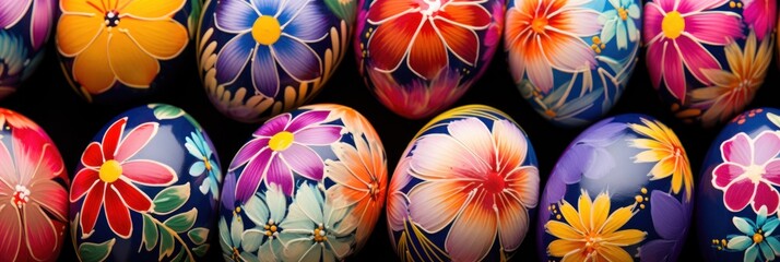 Wall Mural - Close-up of colorful Easter eggs painted with flowers, very detailed, banner, background