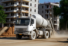 A Concrete Mixer Truck Pouring Cement At A Building Site.
