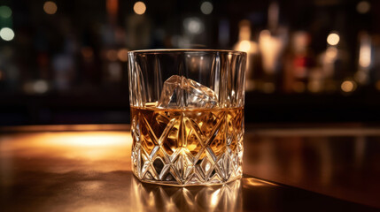 Whiskey glass with ice on bar counter. Concept of leisure indulgence.