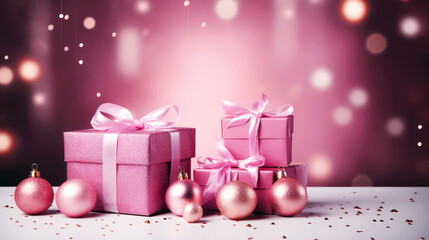 Wall Mural - Merry Christmas background with pink and violet festive gift boxes and Christmas balls. Holiday pink Christmas and New Year composition with copy space.