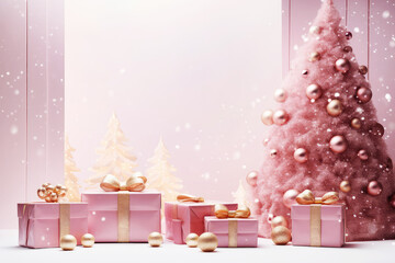 Wall Mural - Merry Christmas background with pink festive gift boxes and Christmas balls. Holiday pink Christmas and New Year composition with copy space.