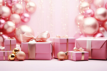 Wall Mural - Merry Christmas background with pink festive gift boxes and Christmas balls. Holiday pink Christmas and New Year composition with copy space.