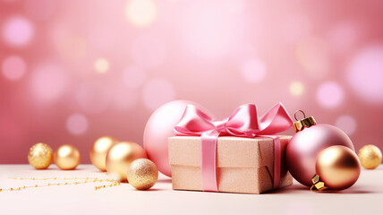 Wall Mural - Merry Christmas background with pink festive gift boxes and Christmas balls. Holiday Christmas and New Year composition with copy space.