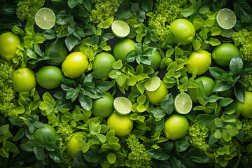 Canvas Print - The top view displays a flat lay of lime and green branches beautifully arranged encased