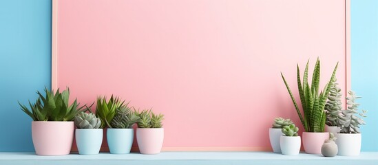 Wall Mural - Lots of plants in various clay pots on a blue table with a mock up poster frame filling the interior design Pink background