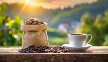 Coffee And Coffee Beans On Wooden Table With Country Background