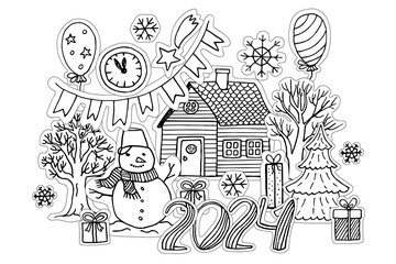 Wall Mural - Christmas coloring book with a snowman house and gifts.