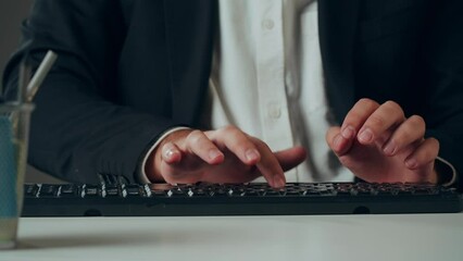 Aggressive man at work, Computer failure, error, stress at work concept. Mad impulsive crazy adult guy breaks down laptop, office worker pushing monitor and keyboard