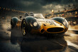 Vintage racing car driving on a wet track. Concept set in a dramatic, cinematic style with a dark and stormy sky in the background, with motion blur to the track and splashing water